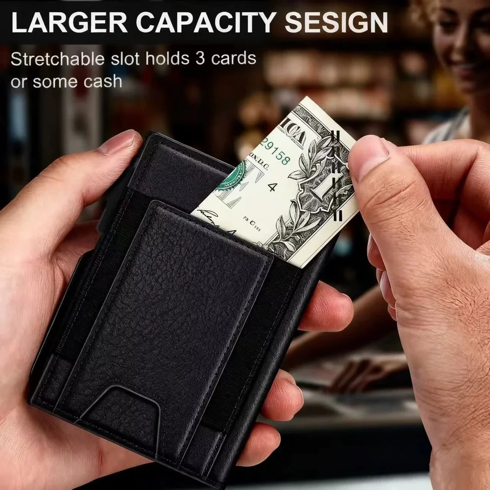 Slim RFID Wallet Men Minimalist Leather Card Holder Aluminum Pop-Up Bifold Black